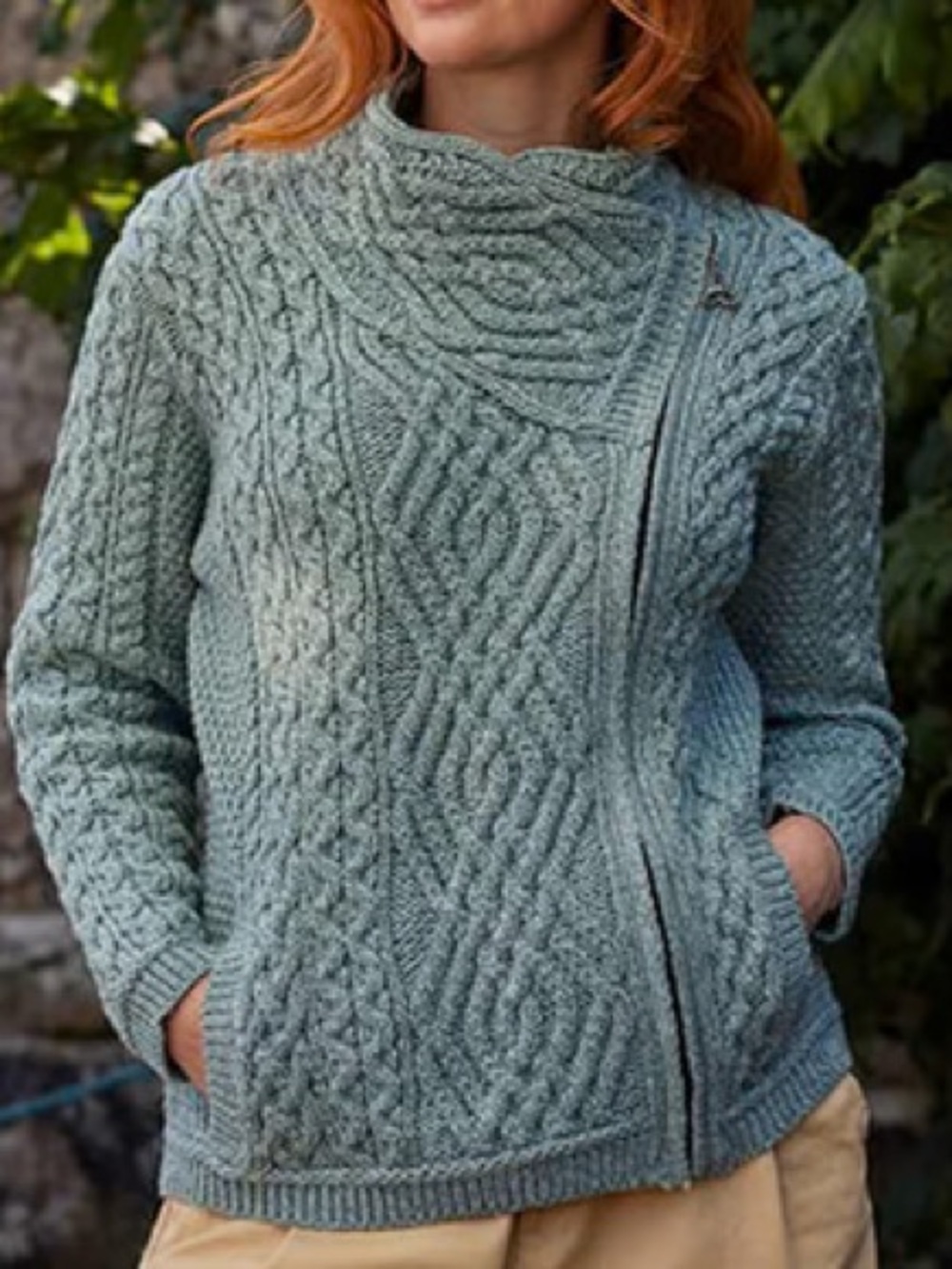 The Irish Store Signature Aran Wool Zipper Cardigan Aqua Small Merino Full Zip